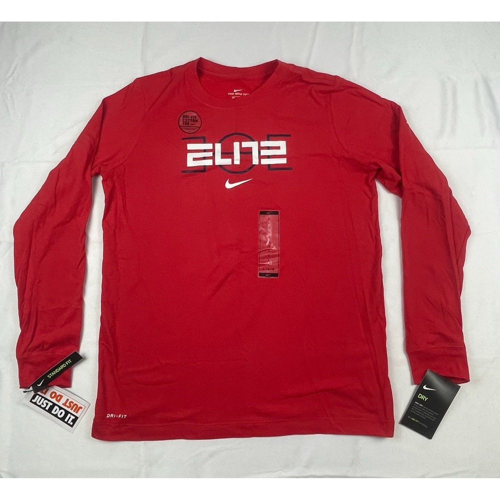 Nike Boys Elite Basketball Long Sleeve Dri-FIT Cotton Tee Red CI9654-657 Large